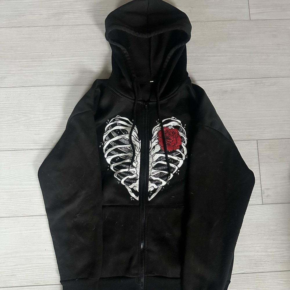 SHEIN Black Hoodie with Heart and Ribcage Design